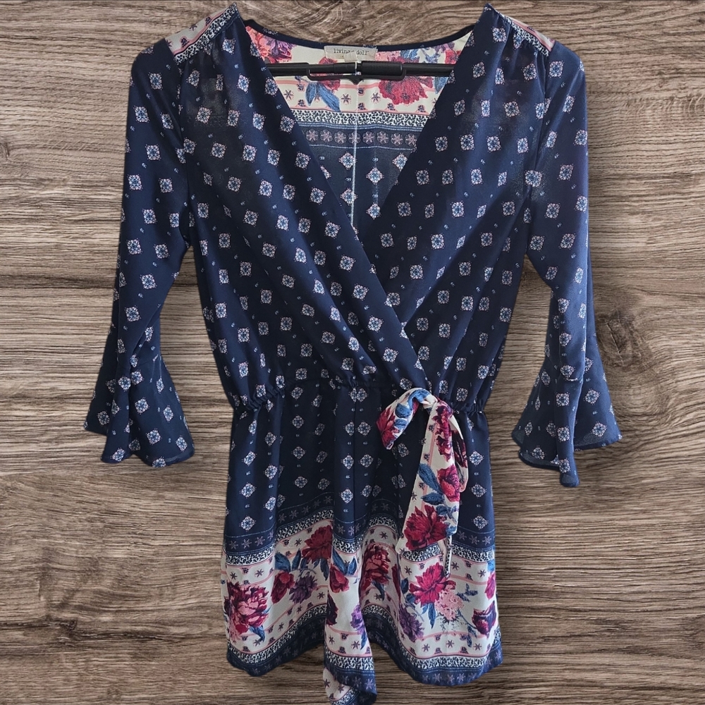 Living Doll Navy blue floral print romper